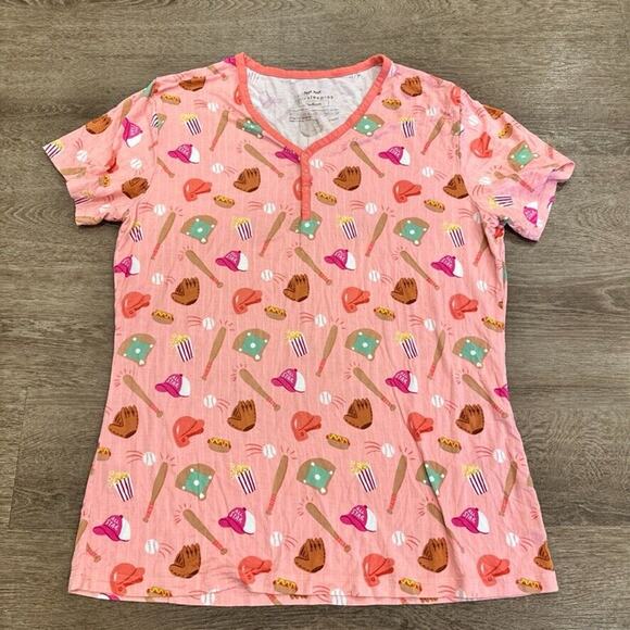 Little Sleepies Womens Medium Pajama Top Bamboo Short Sleeve Baseball Print Pink - Picture 1 of 4